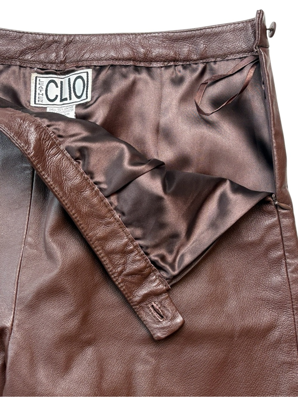 Vintage CLIO Brown Leather Pants High Rise Straight Leg Flat Front Side Zip 14 - Picture 8 of 10